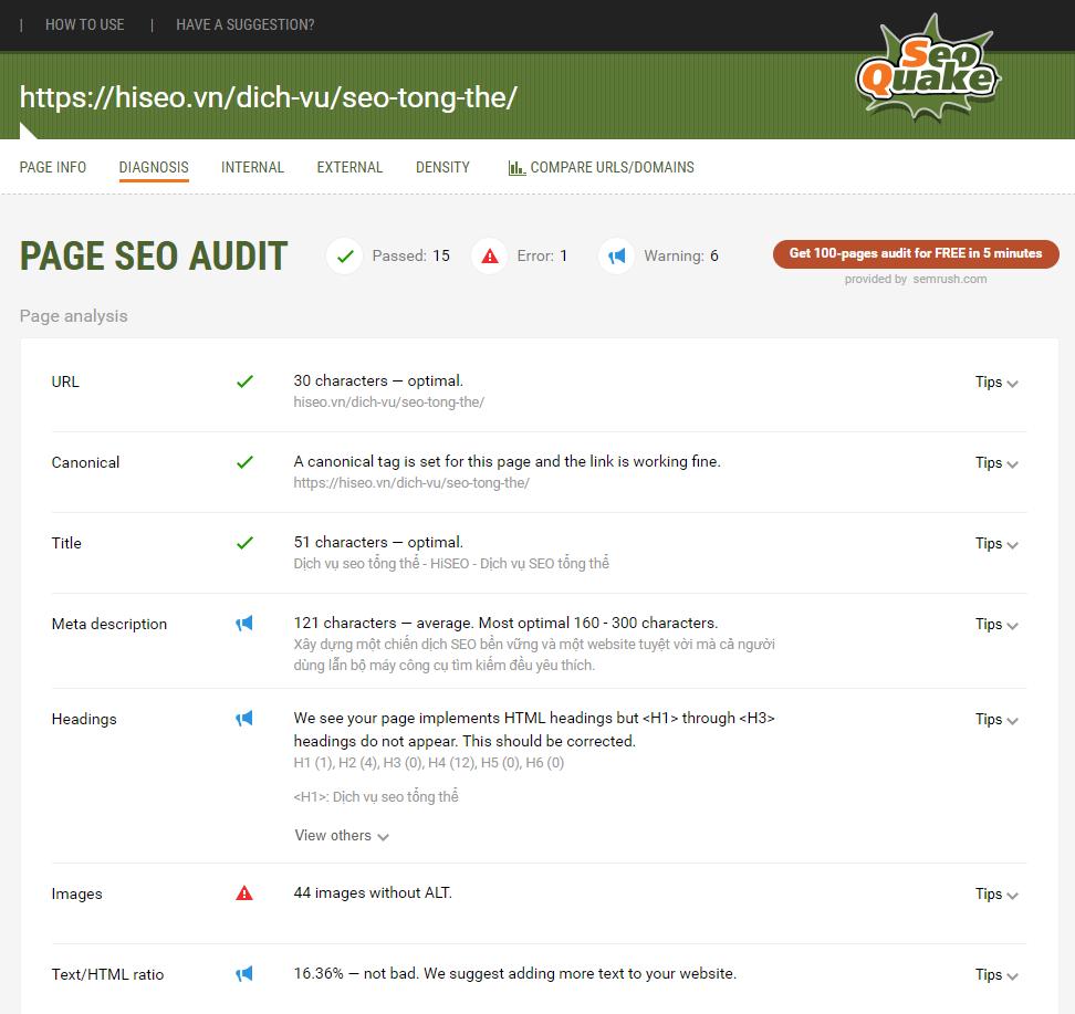 Cửa sổ “PAGE SEO AUDIT”
