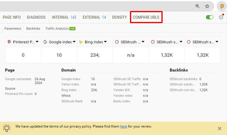 Chọn “COMPARE URLS” tại cửa sổ SEOQuake