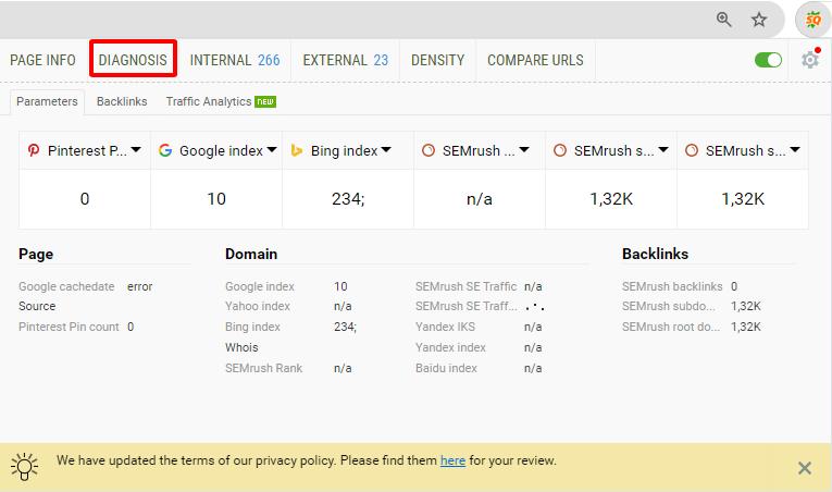 Chọn Diagnosis trên cửa sổ SEOQuake