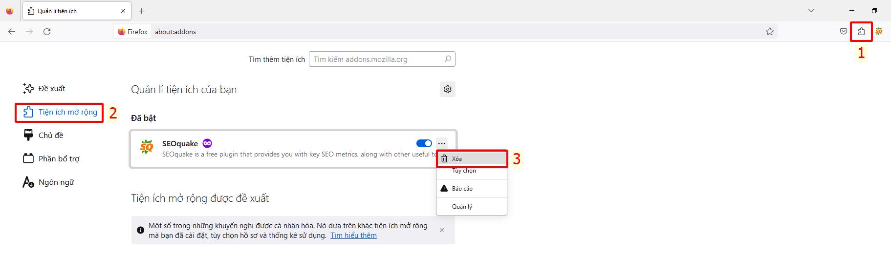 Hướng dẫn cách hủy cài đặt tiện ích SEOQuake trên trình duyệt Firefox